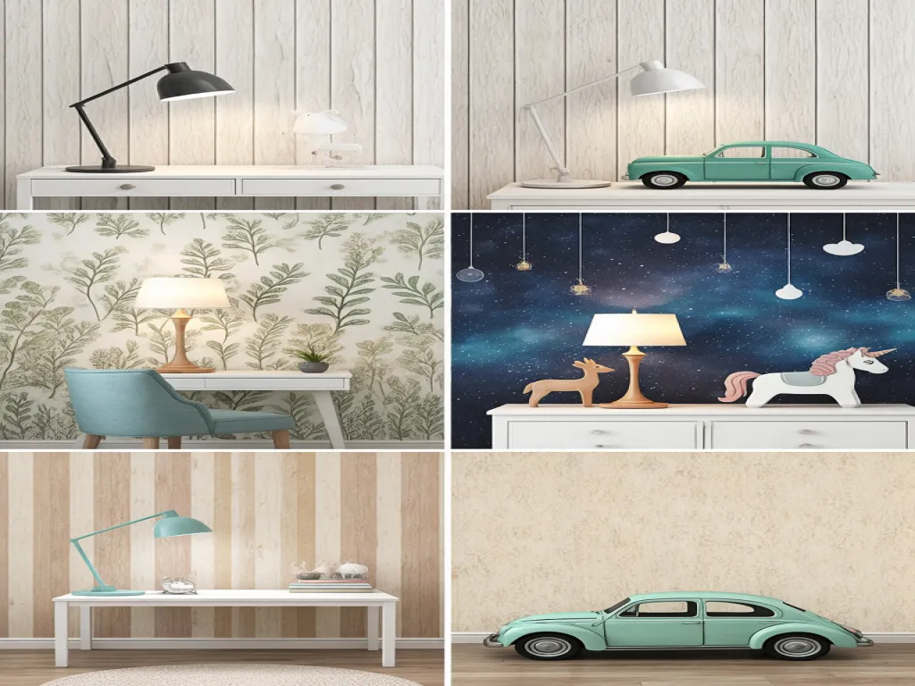 Various desk lamps with cartoon styles in different room settings