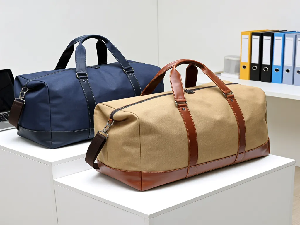 Canvas travel tote bags in blue and beige on display in an office