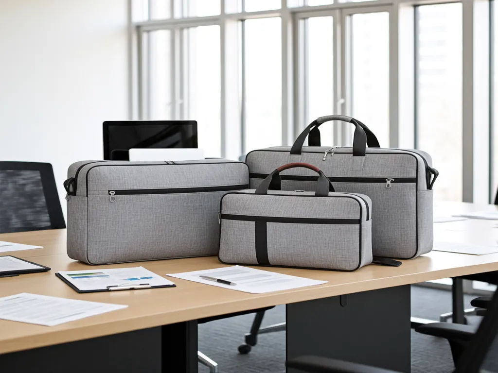 Grey travel tote bags on an office table with documents and a tablet