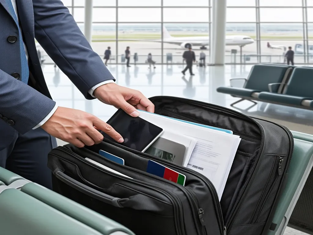 A man packing a travel tote bag with documents and a tablet at an airport