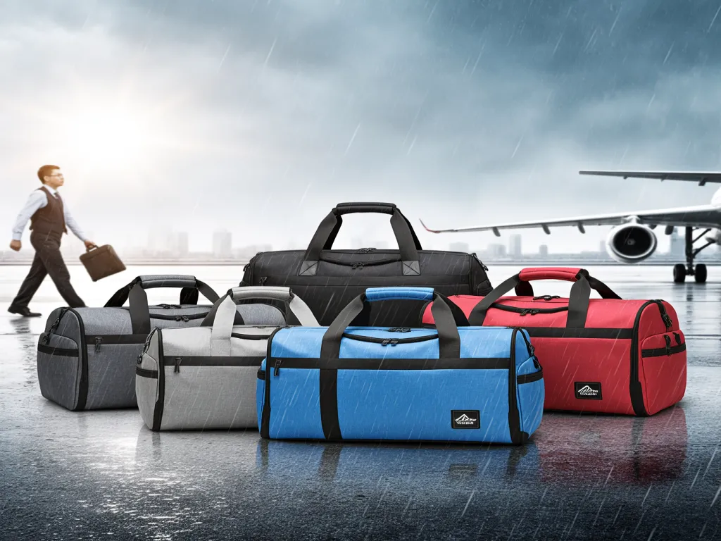 Travel tote bags on a rainy airport runway