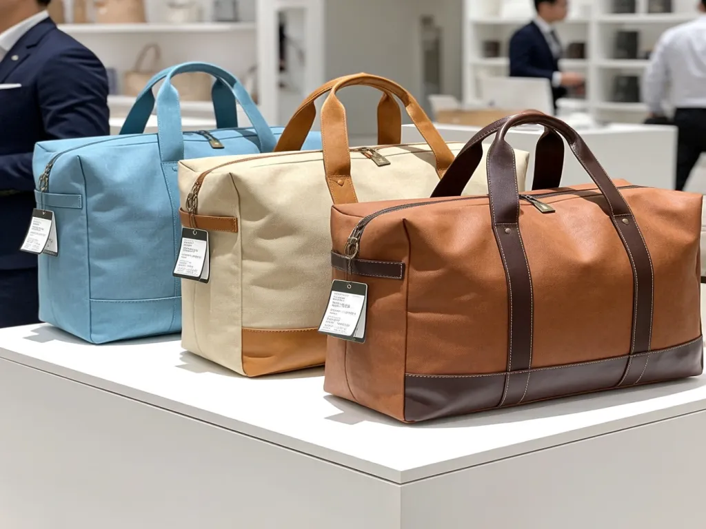 Travel tote bags on display in a store