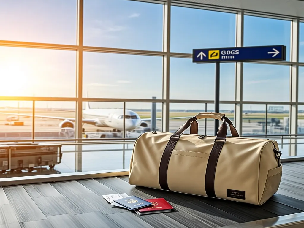 A beige travel bag with passports on a table at an airport