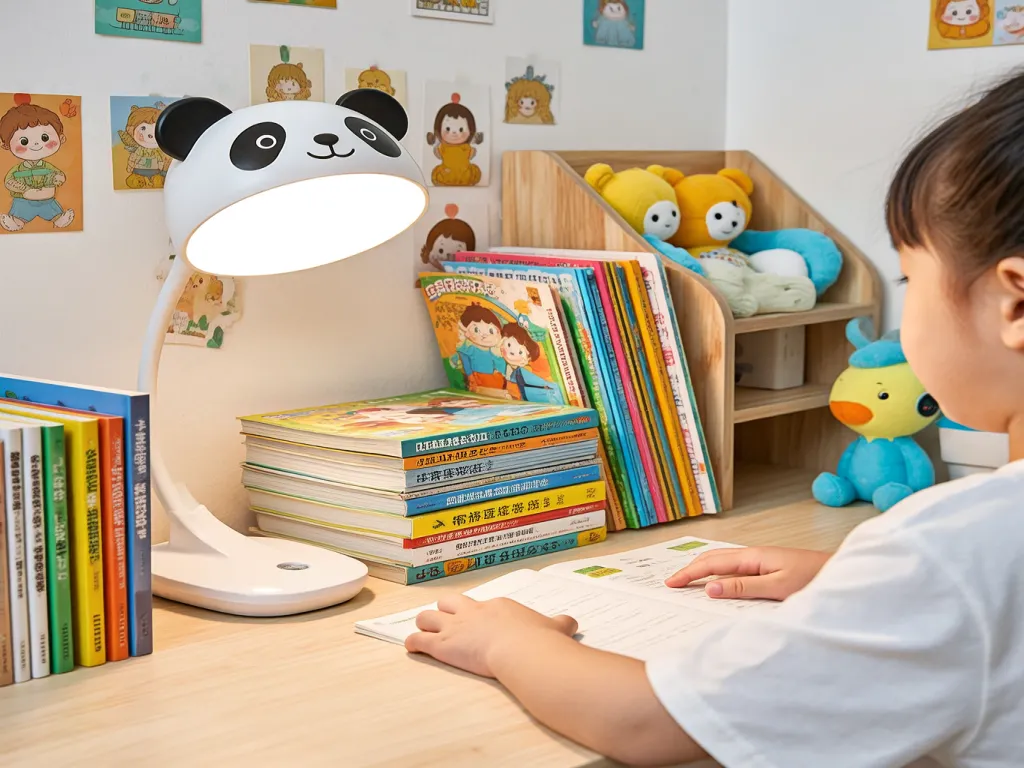 A child reads under a cute cartoon desk lamp