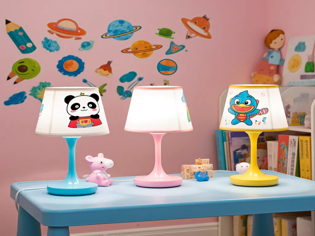 A collection of cartoon desk lamps on a table