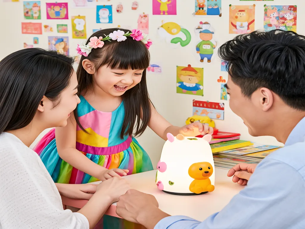 A child interacts with a cartoon desk lamp