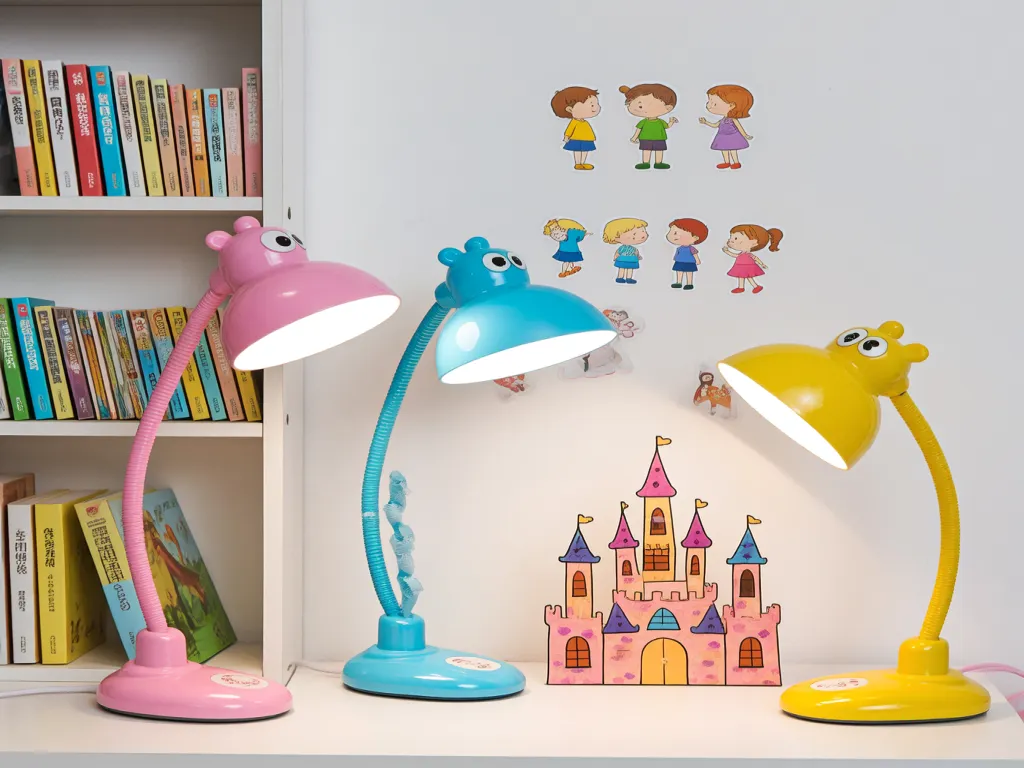 Colorful cartoon desk lamps on a bookshelf