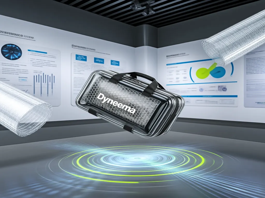A futuristic transparent travel bag with the brand name Dyneema