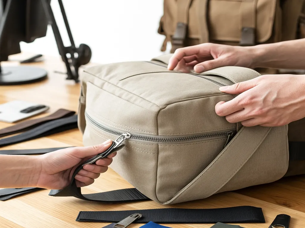 A hand zipping up a beige travel bag