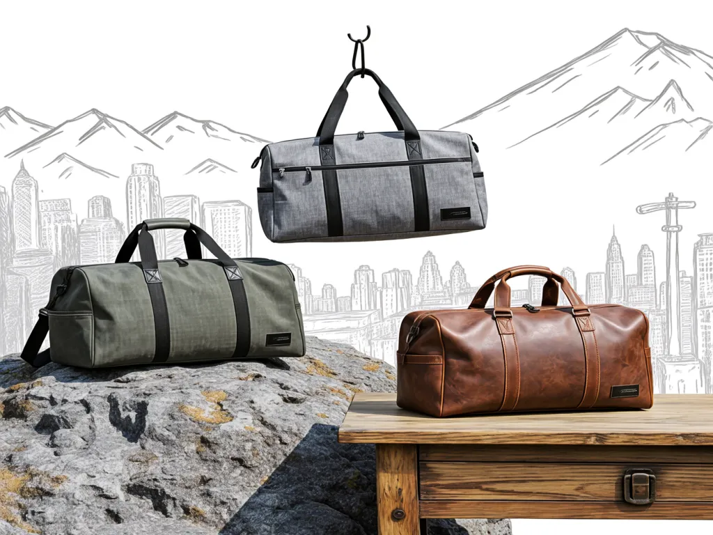 Three different styles of travel bags on display