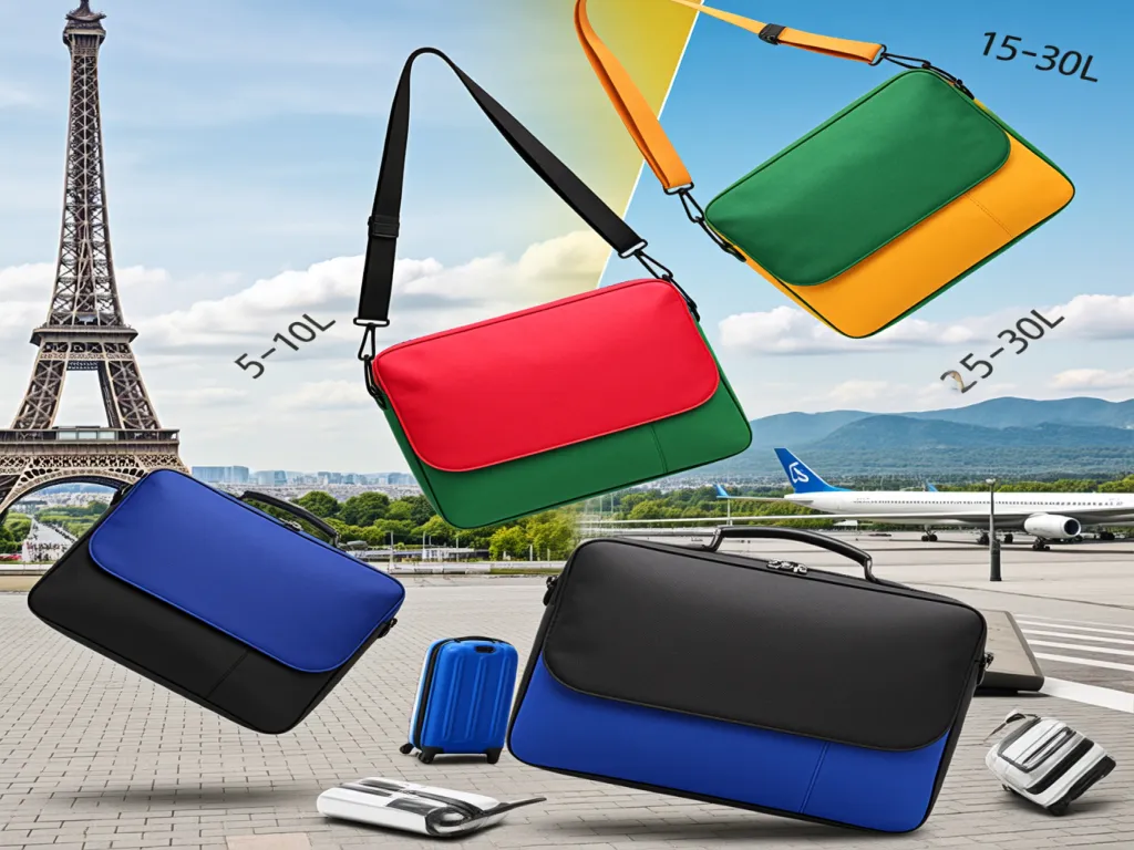Colorful crossbody travel bags displayed with Eiffel Tower in background