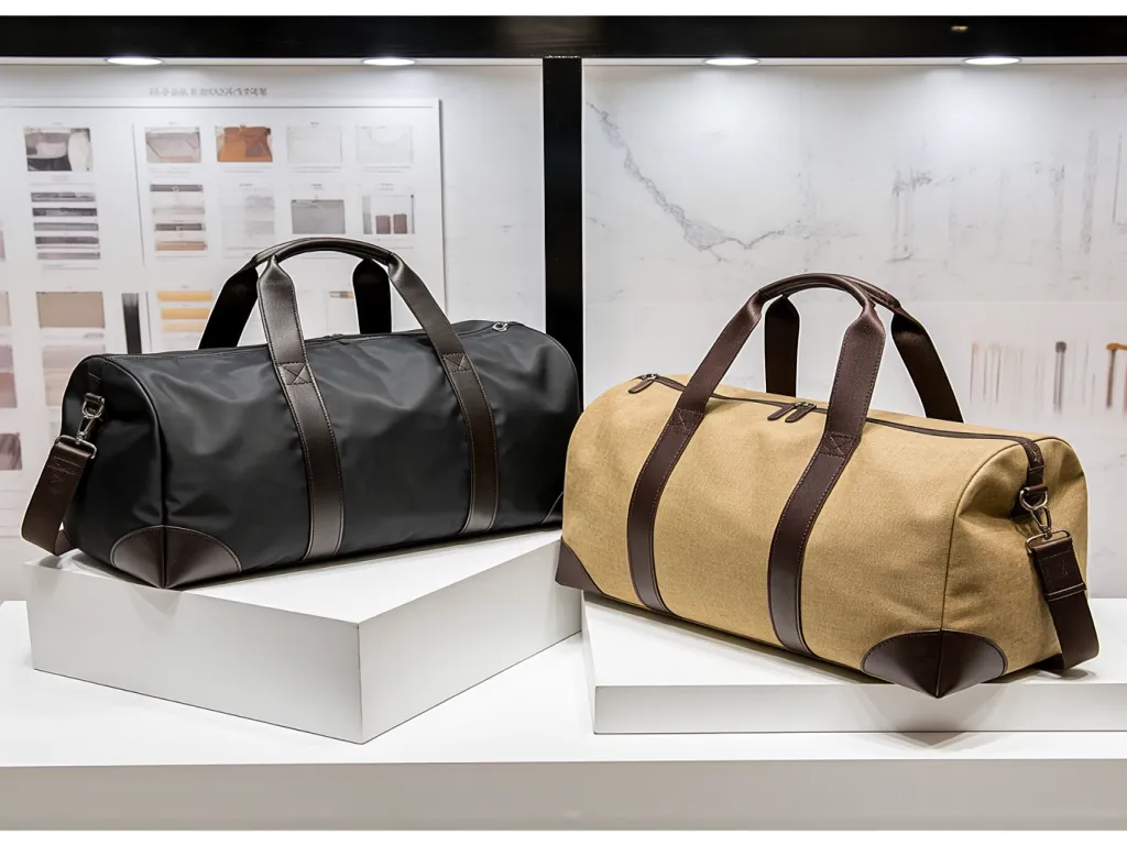 Elegant duffel bags on display in a store