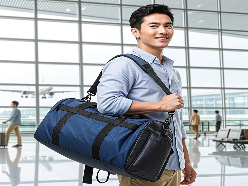 Man carrying a blue duffel bag in an airport