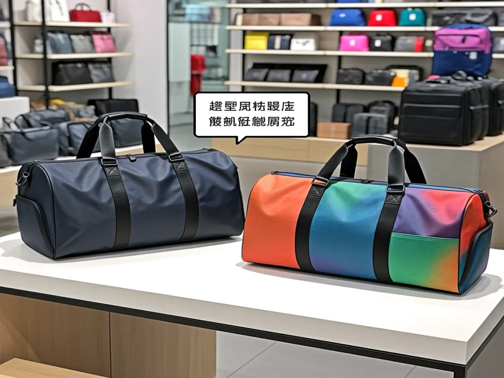 Travel garment bags on display in a store
