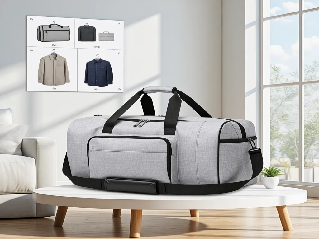 A travel garment bag placed on a table at home