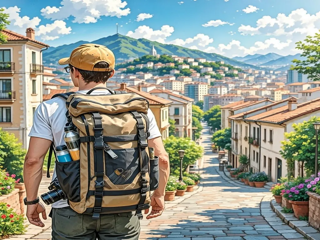 Traveler with backpack overlooking a scenic city