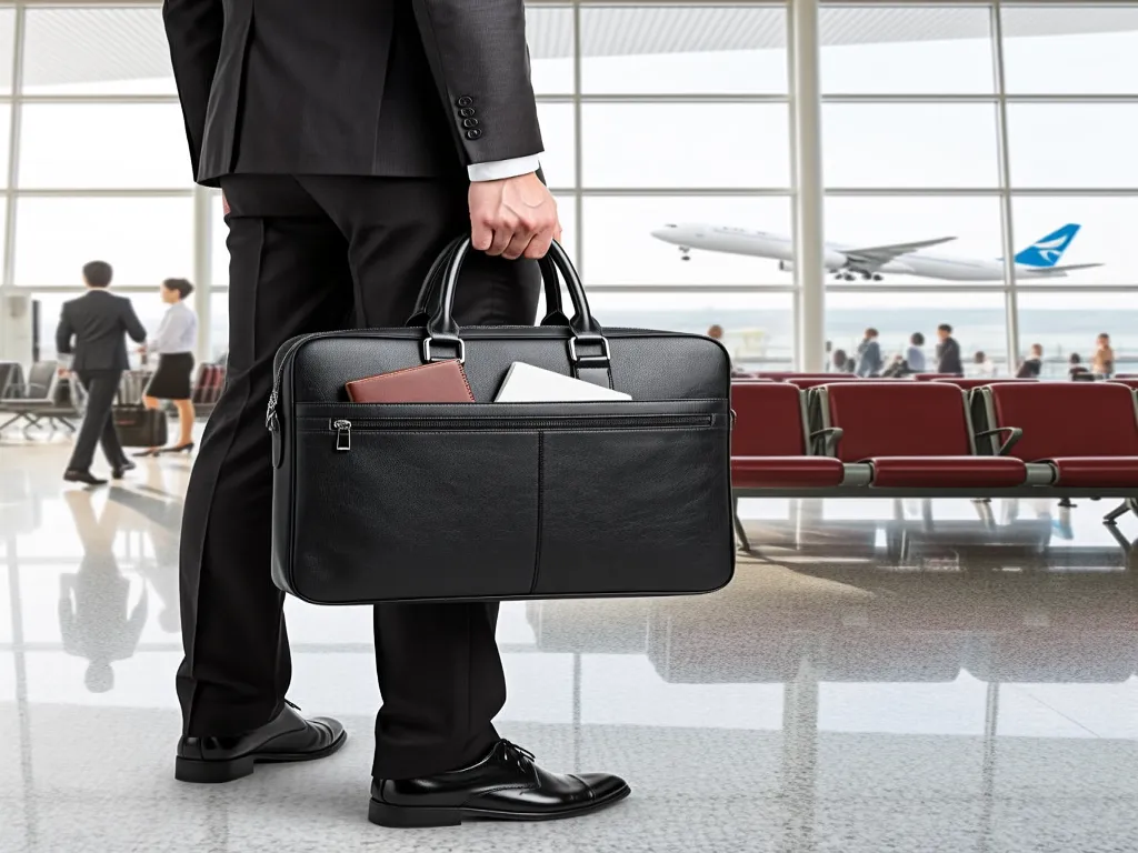 Businessman holding a black travel bag at the airport
