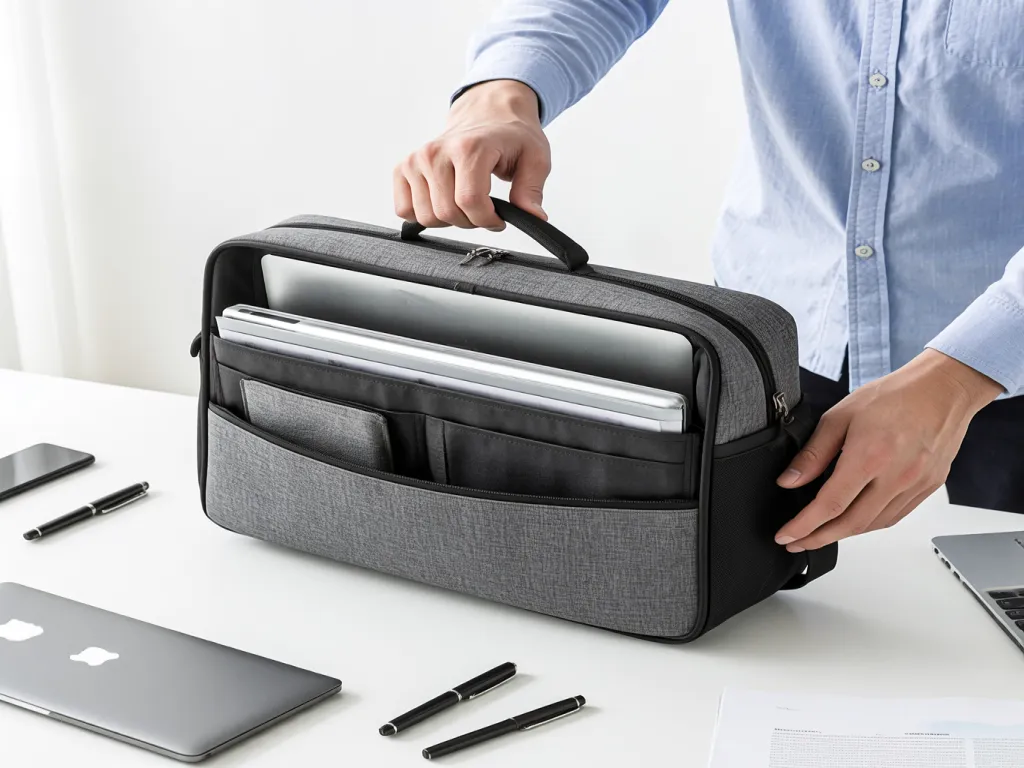 Man unpacking a travel bag in an office setting