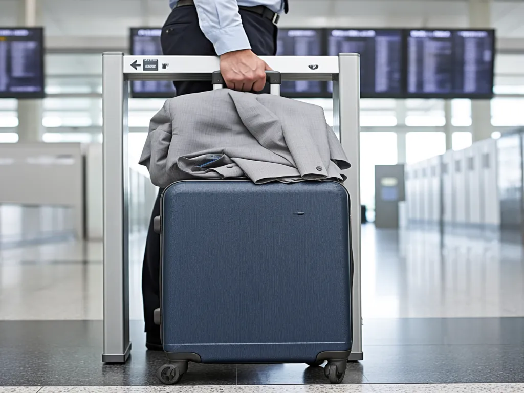 A blue suitcase with a suit jacket on top at the airport