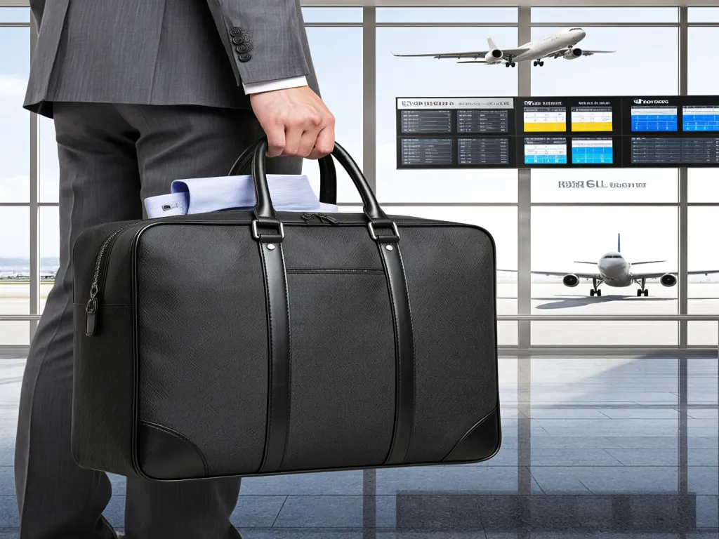A man in a suit holds a black suit travel bag at the airport