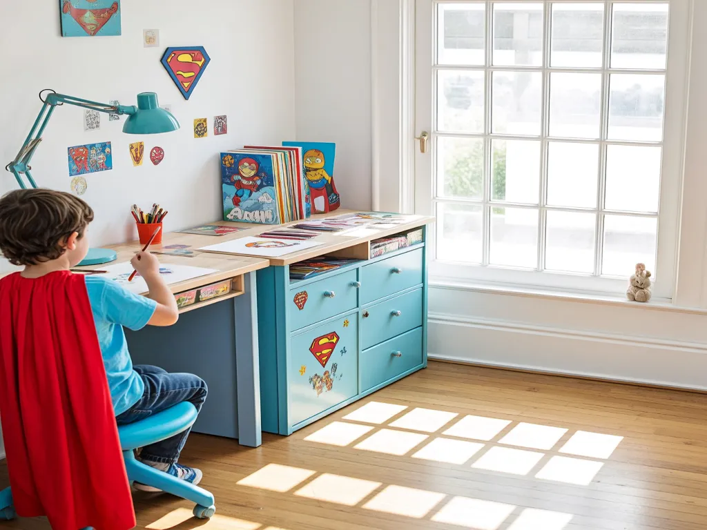 A child sitting at a desk with a drawing lamp