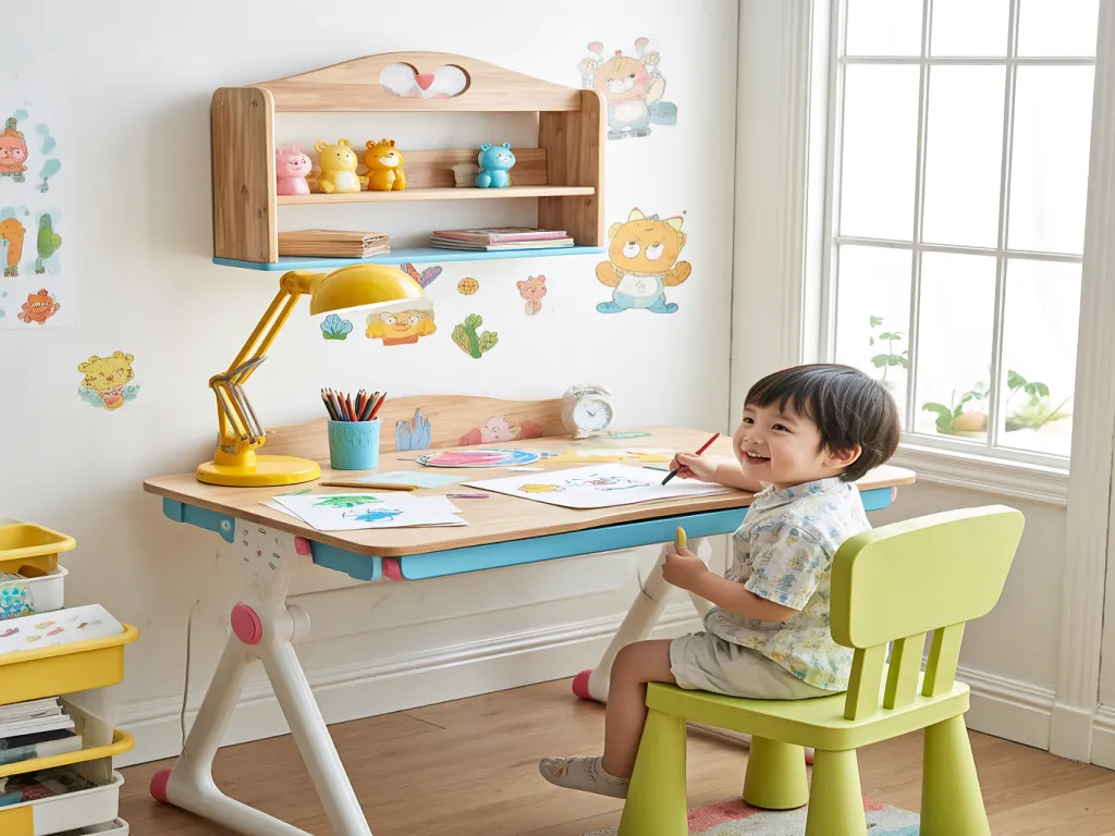 A child drawing at a desk with a lamp