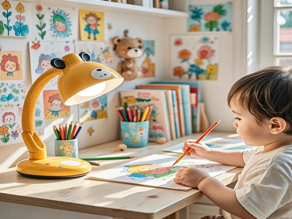 A kid using a lamp while drawing at a desk