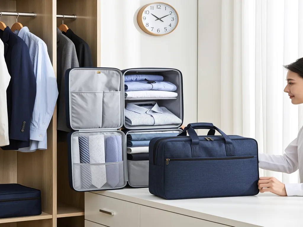 A woman packs a blue suit travel bag with neatly organized suits
