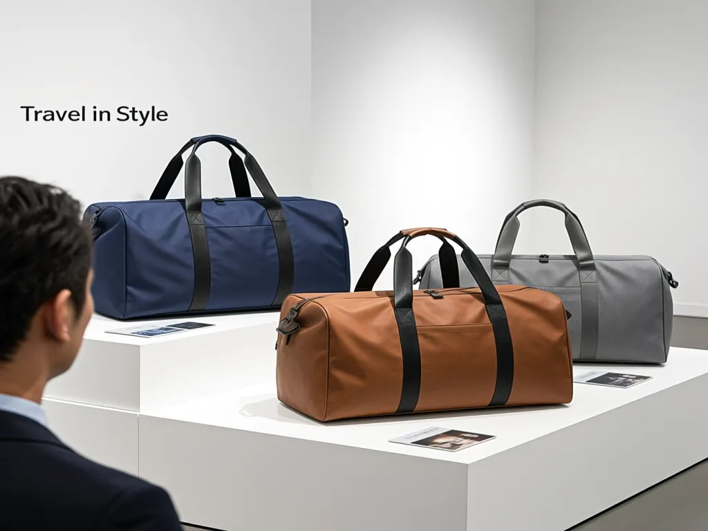 Three stylish duffel bags in blue, brown, and gray