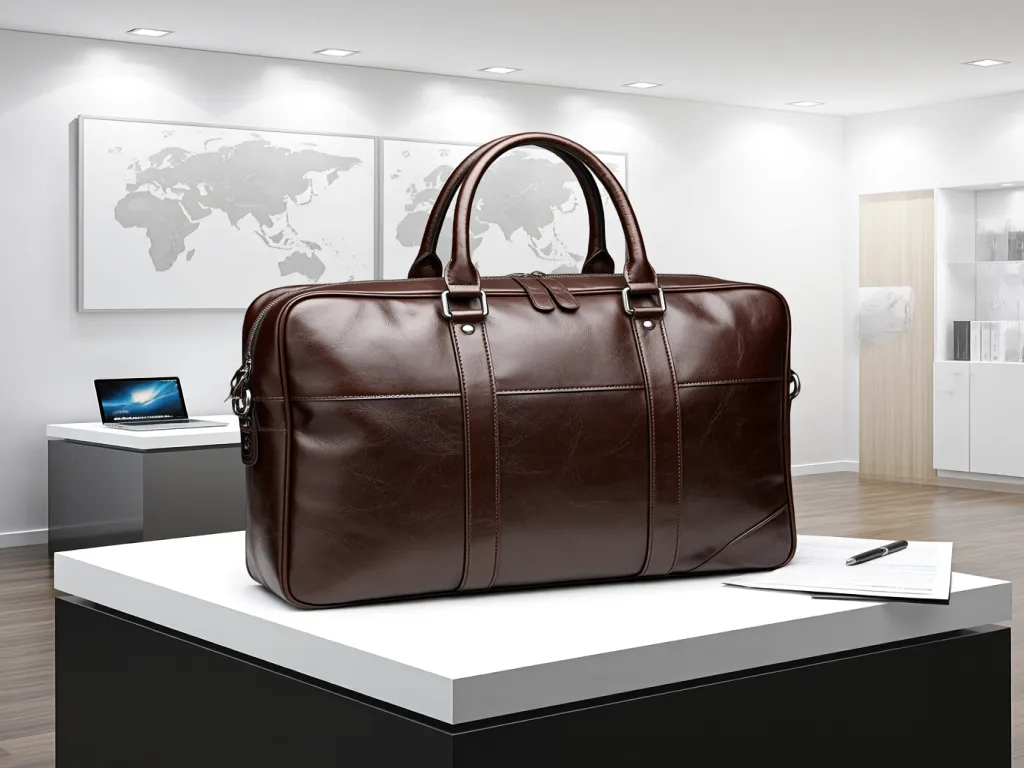A brown leather travel bag placed on a modern office desk