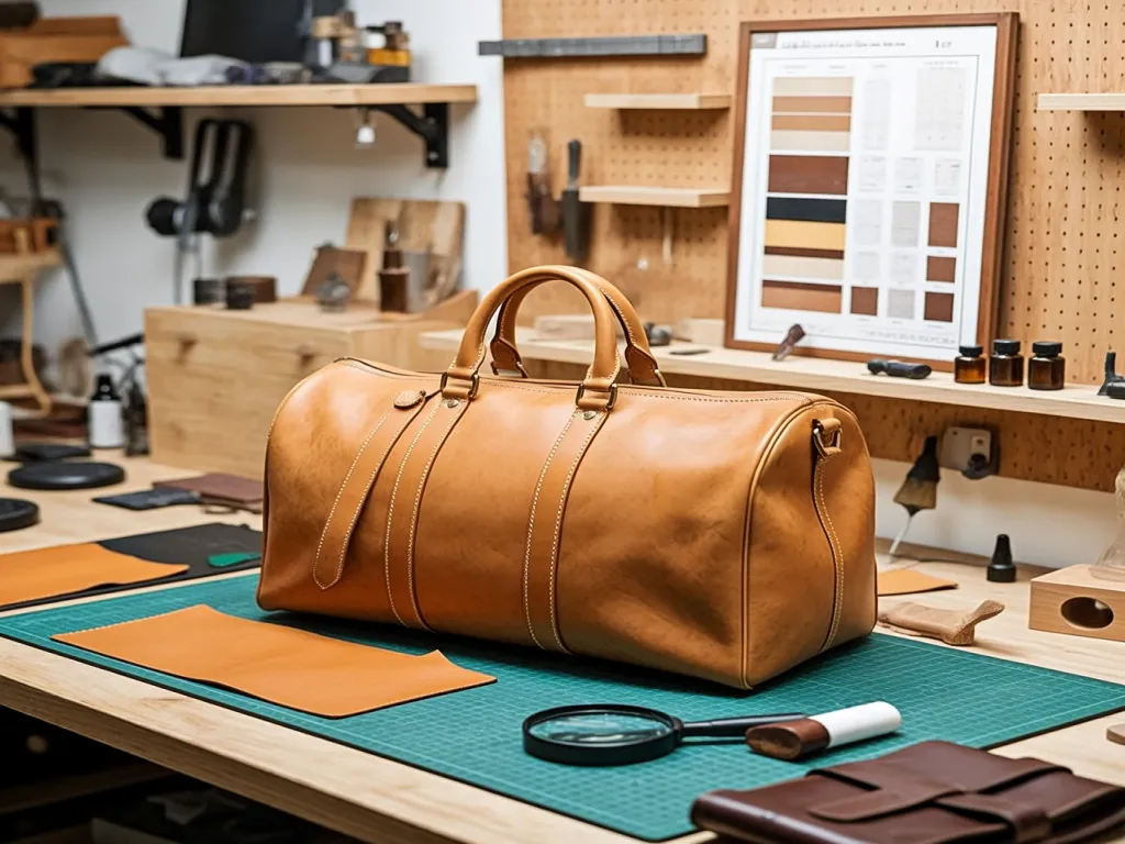 A leather travel bag in the process of crafting in a workshop