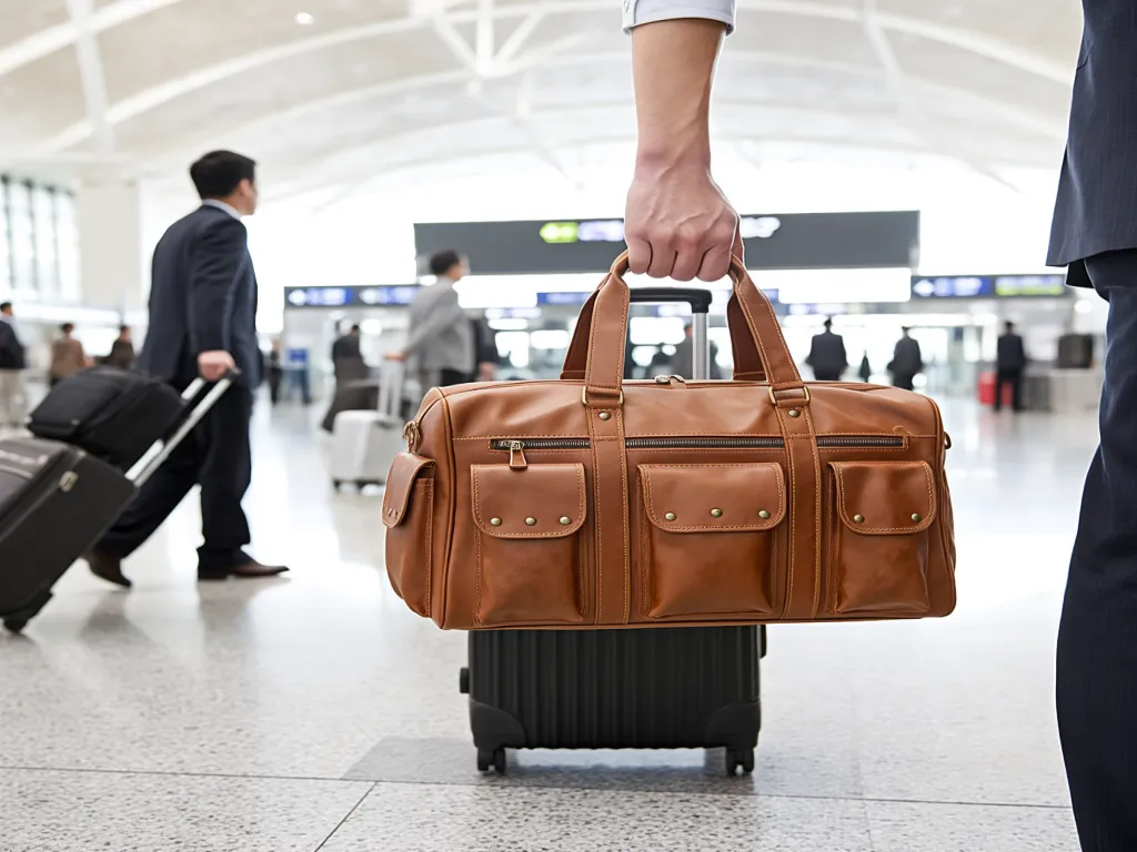 A man carrying a brown leather travel bag at an airport