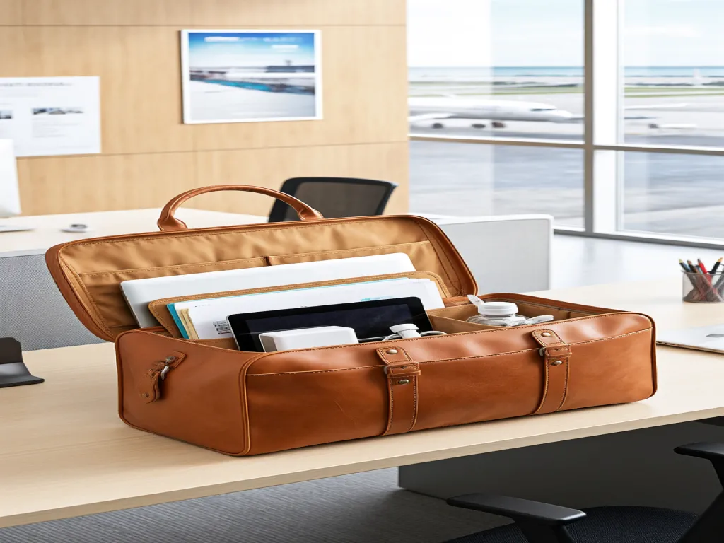 An open brown leather travel bag on an office desk with contents visible