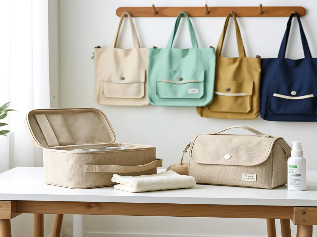 Beige cosmetic bags with towels and a bottle