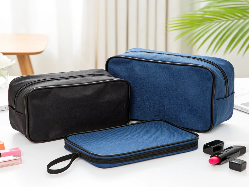 Blue and black cosmetic bags with makeup