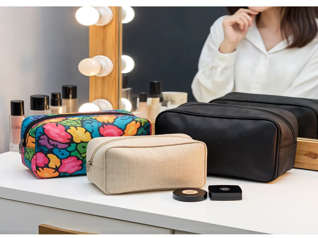 Colorful cosmetic bags on a vanity table