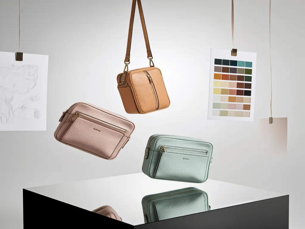 Cosmetic coach bags floating with color swatches