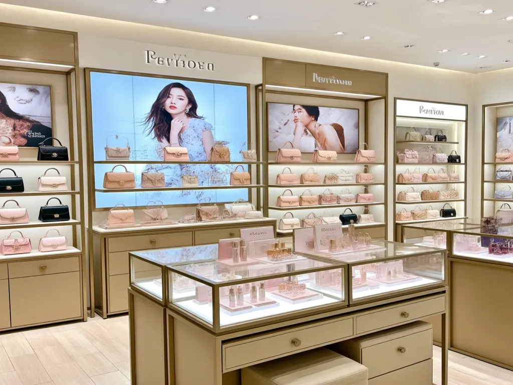 Display of luxury cosmetic coach bags in a store