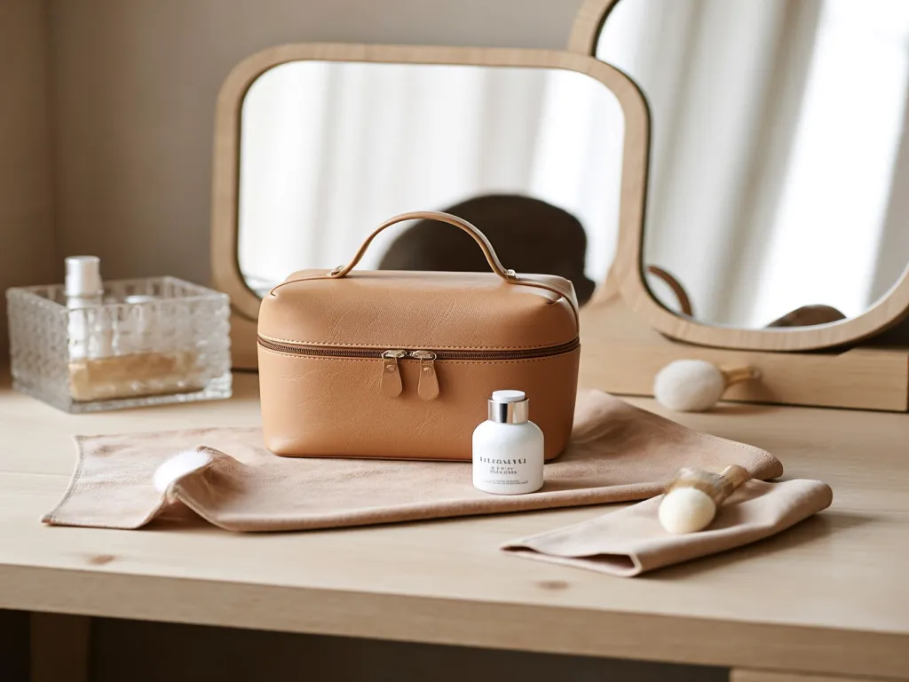 Tan leather cosmetic bag with skincare products