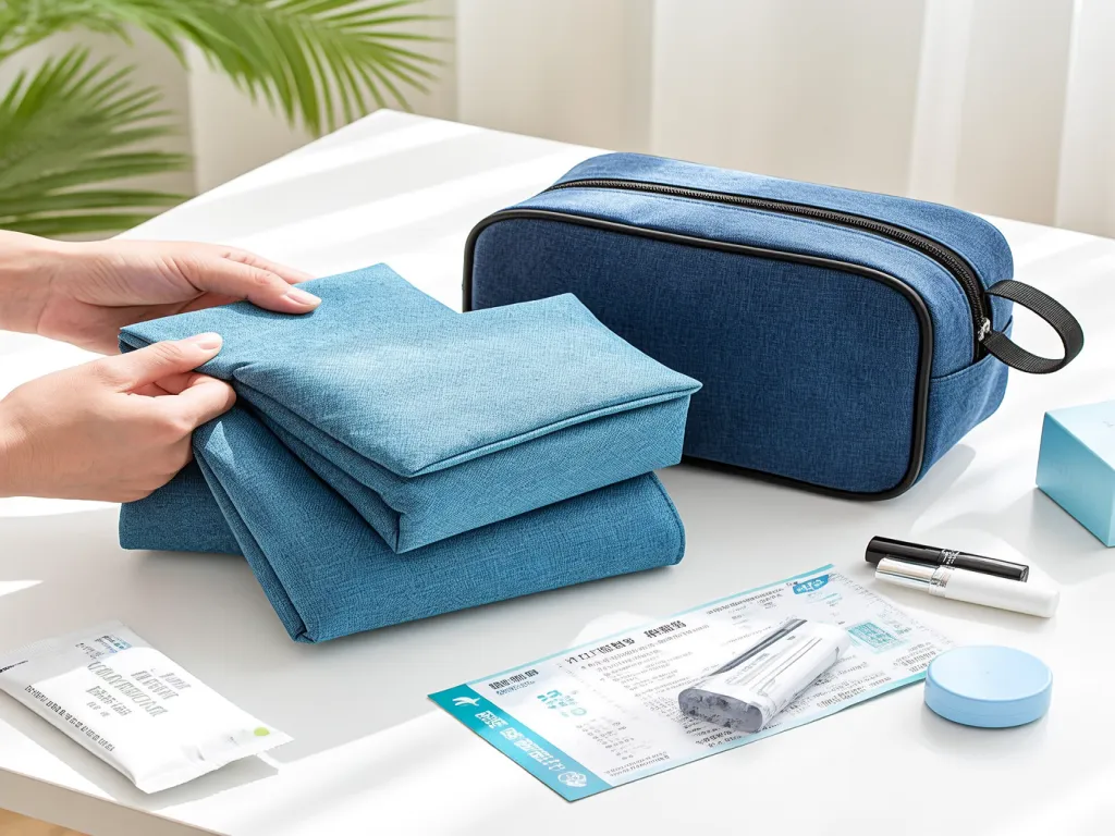 A blue travel cosmetic bag with accessories on a white table