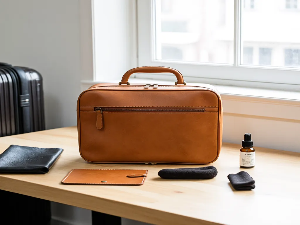 A brown leather cosmetic bag set with accessories on a wooden table
