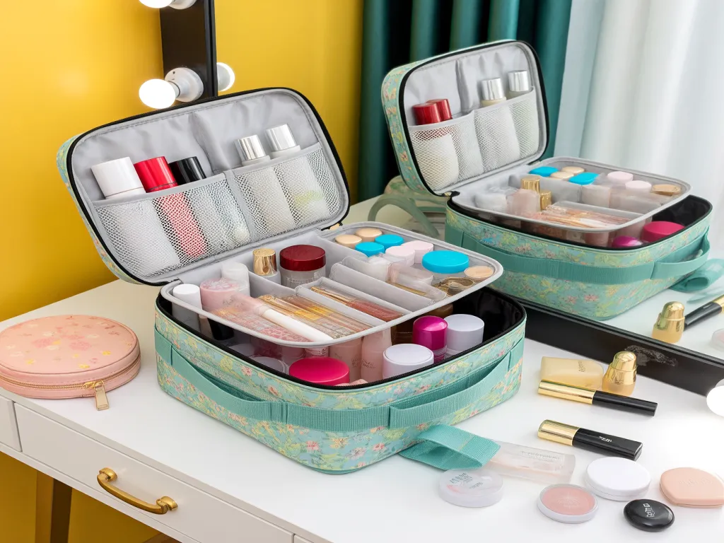 Colorful cosmetic bags filled with makeup items