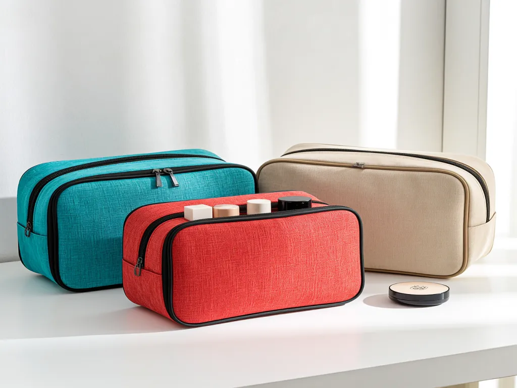 Three colorful travel cosmetic bags on a white surface