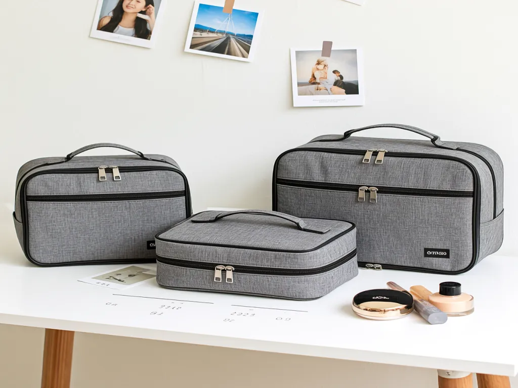 Three grey cosmetic bags on a table with cosmetics