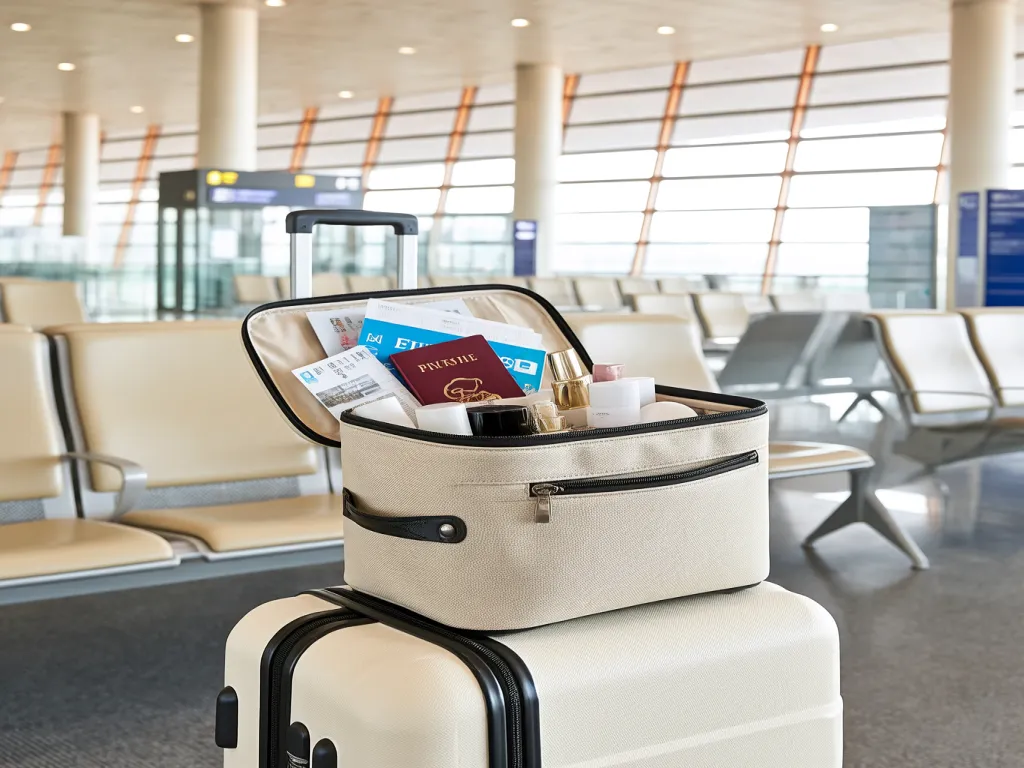 A large cosmetic bag placed on a suitcase in an airport