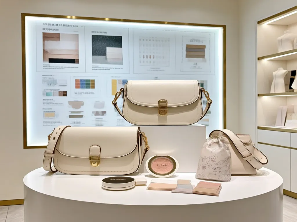 White cosmetic bags displayed with makeup products