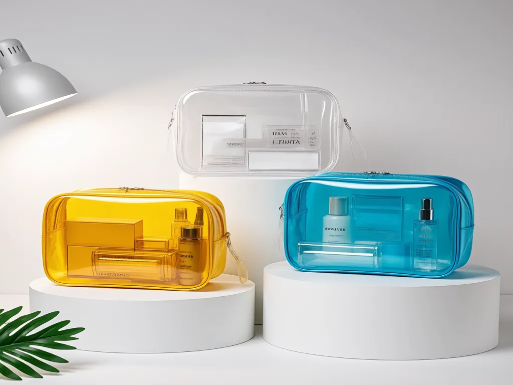 Colorful clear cosmetic bags on display