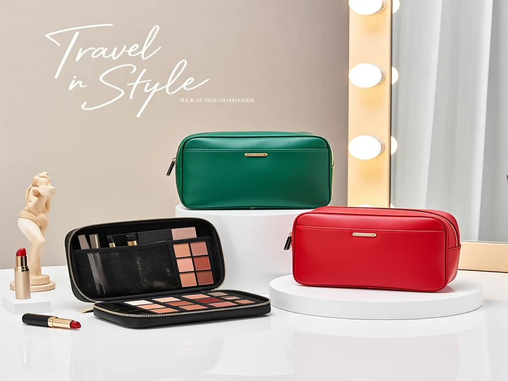Cosmetic travel bags in green, red, and black with makeup items
