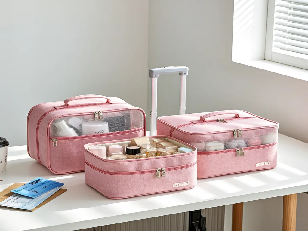 Pink cosmetic travel bags with transparent windows on a table