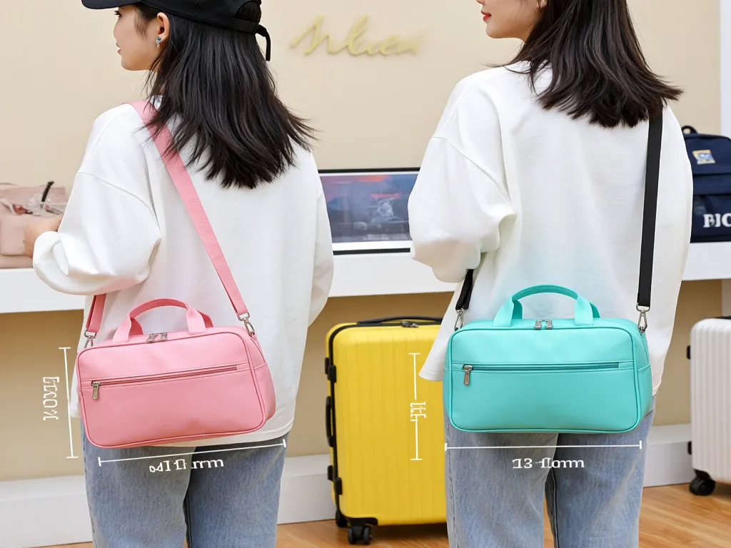 Women carrying pink and turquoise cosmetic travel bags